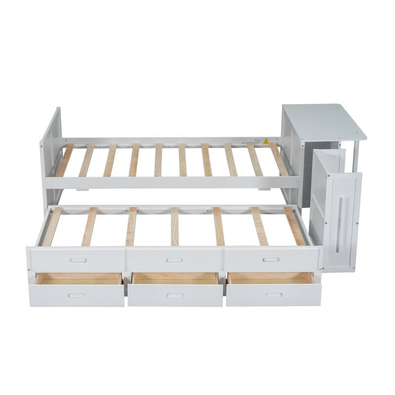 Multifunctional Platform Bed with Desk and Storage Shelf, Built-in Trundle and Drawers