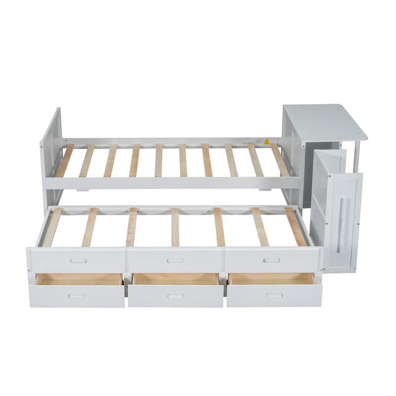 Twin Size Multifunctional Wood Platform Bed with Desk and Storage Shelf at the End of the Bed, Built-in Trundle and 3 Drawers