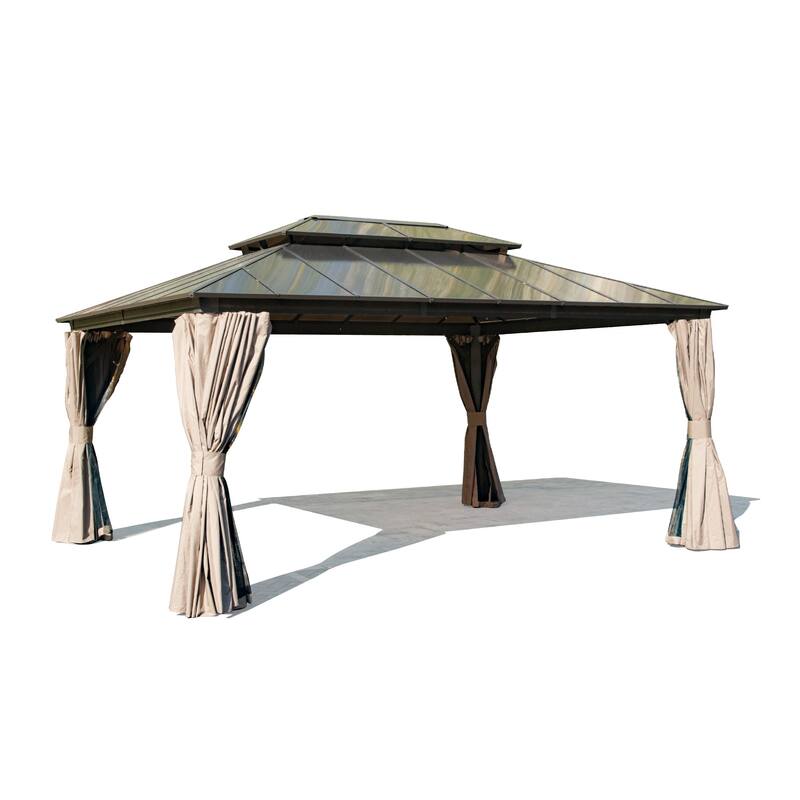 GDFStudio - Everett Permanent Outdoor Gazebo Pavilion with Double Roof and Full Privacy Setup - 12x16ft - Brown