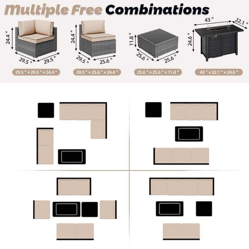 8-Piece Outdoor Patio Wicker Conversation Set with Fire Pit Table, Sectional Sofa & Cushions - N/A