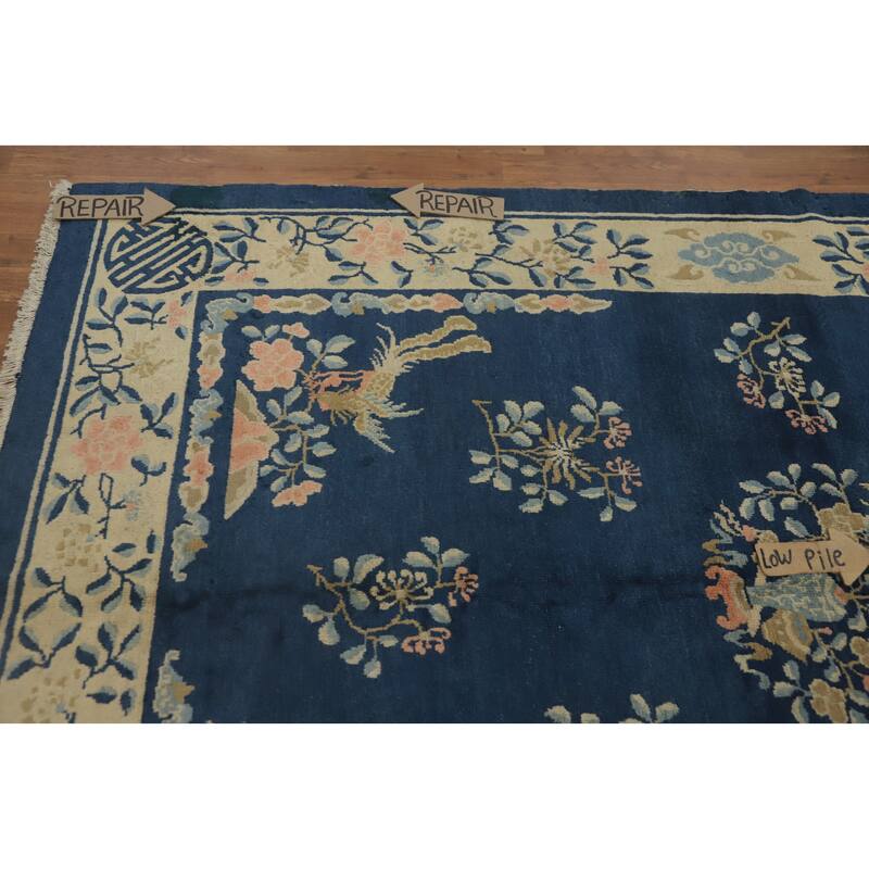 Hand Knotted Oriental 100% Wool Carpet Traditional Floral Navy Blue & Blues Art Deco Area Rug - 8' 9'' X 5' 10''