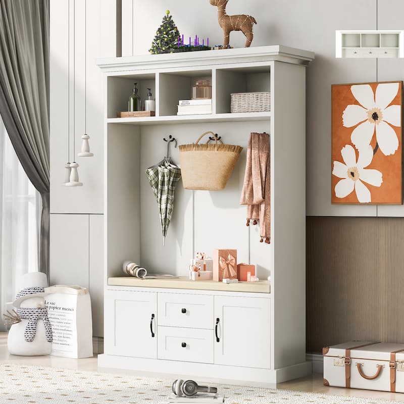 3-in-1 Design Hall Tree with 3 Hooks and Storage Bench - 47.24''W x 70.9''H x 15.74''D