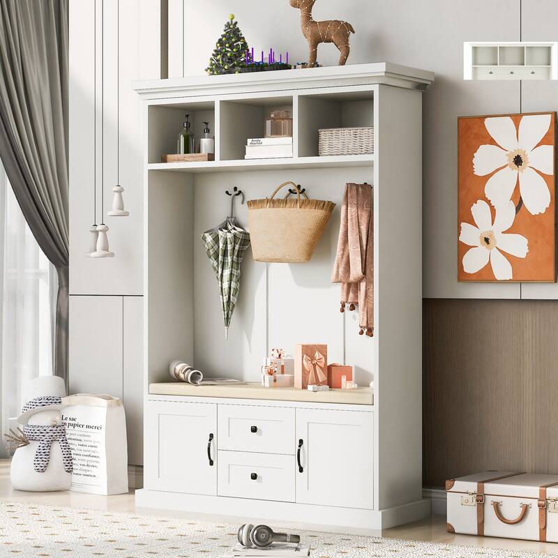 Classic Hall Tree with 3 Hooks,Coat Hanger,Storage Bench for Entrance,Hallway