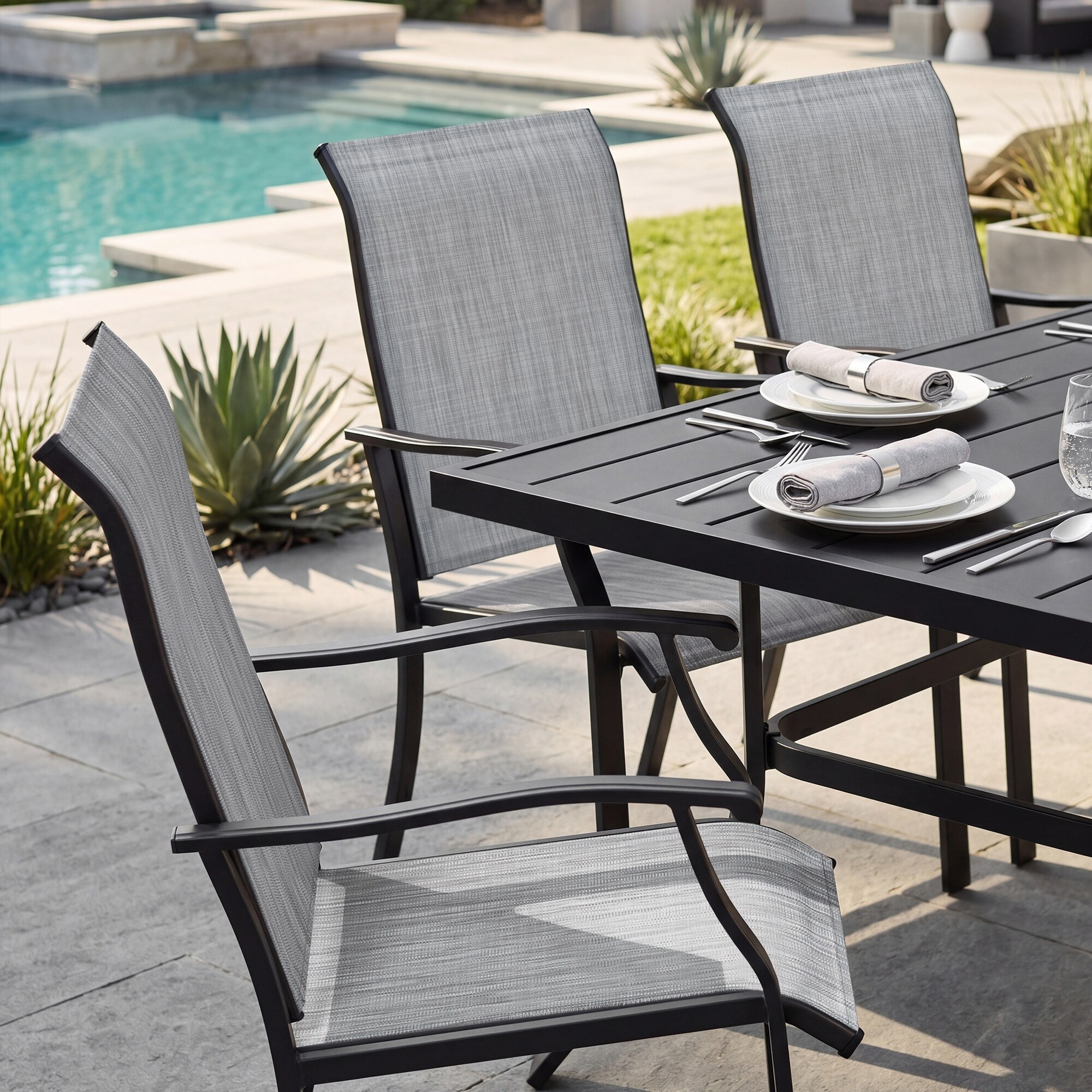 Nuu Garden Outdoor 7-Piece Dining Set, Textilene Fabric, Powder