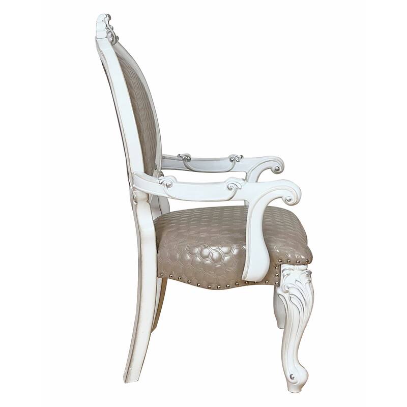 HomeRoots Set of Two Gray and White Upholstered Faux Leather And Solid Wood King Louis Back Dining Arm Chairs