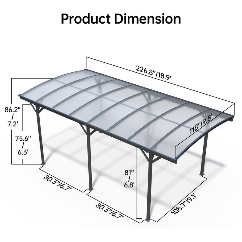 Ukuowu 19 Ft x 10Ft Grey Durable Metal Aluminum Arch Roof Carport for Driveway and Outdoor Parking Protection
