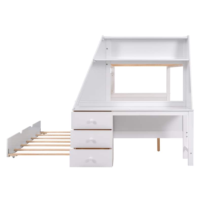 Twin over Full Bunk Bed w/Trundle & Desk, Three Storage Drawers, Shelf