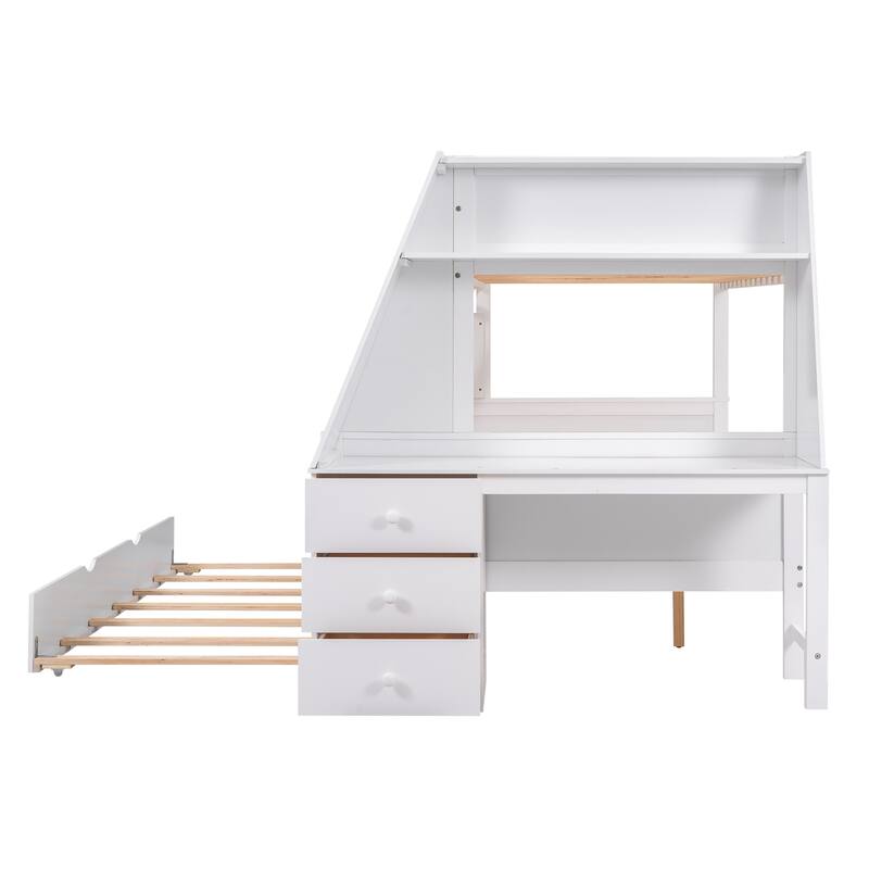 Twin over Full Bunk Bed with Trundle, Built-in Desk, Storage Drawers, and Shelf, White