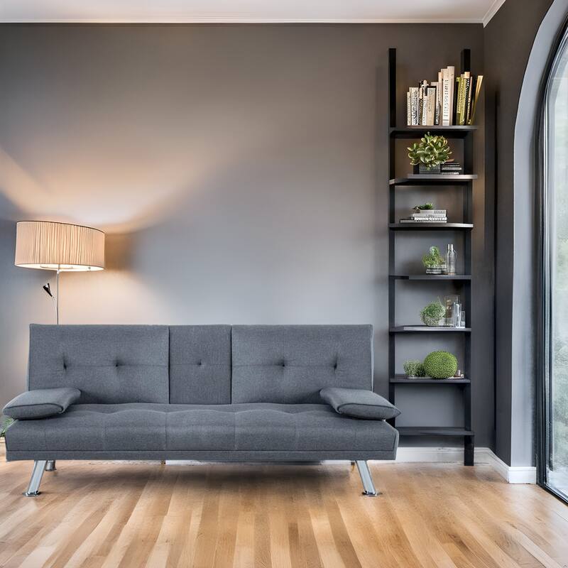 Convertible Futon Sofa Bed with Armrests & Cupholders - Faux Leather Reclining Couch for Small Spaces