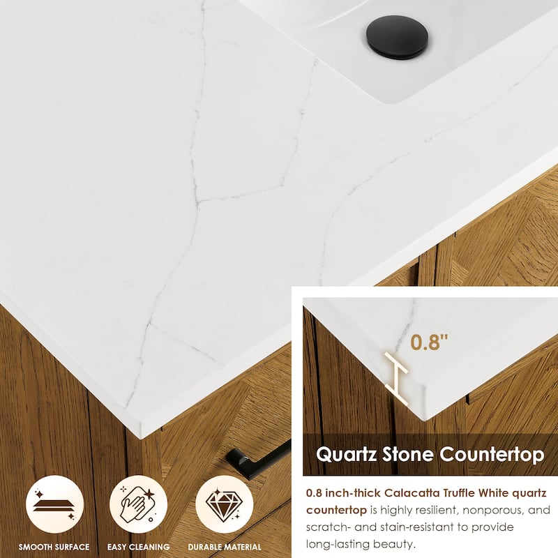 Clara Bathroom Vanity in Weathered Brown with Calacatta Truffle White Quartz Countertop No Mirror