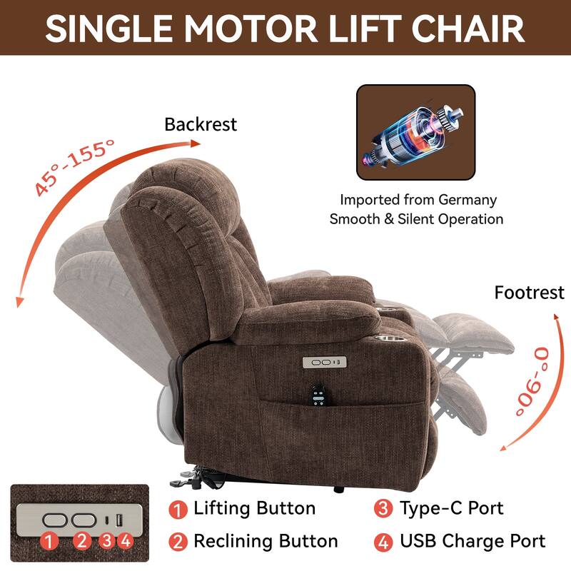 Roomfitters Heavy Duty Power Lift Recliner, Chenille Massage Chair with USB-C Charging and Stainless Cup Holders