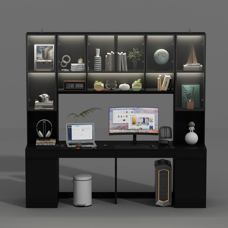 90.6"Illuminated Glass Workstation Productive Workspace Bookshelf Desk