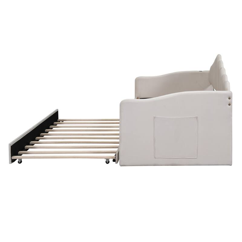 Twin size Upholstered Daybed with Trundle ,Velvet Sofabed with USB Charging Ports,No Box-spring Needed,Beige - N/A