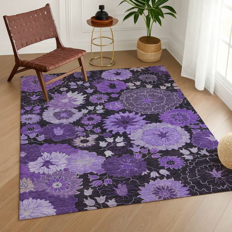 Machine Washable Indoor/ Outdoor Modern Floral Chantille Rug