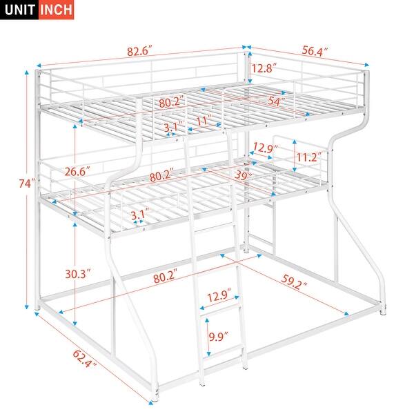 White Full XL over Twin XL over Queen Metal Triple Bunk Bed with Guardrail, Angled Ladder