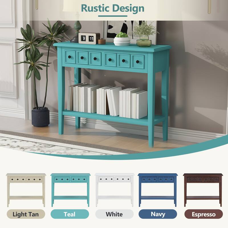 38.2" Rustic Console Table with Open Shelf and Three Drawers, Rubber Wood Legs