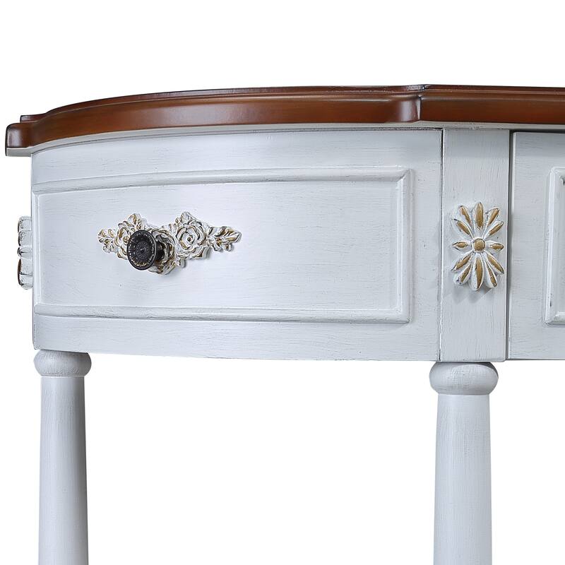 Curved Wood Console Table Sofa Table with Open Shelf and Drawers