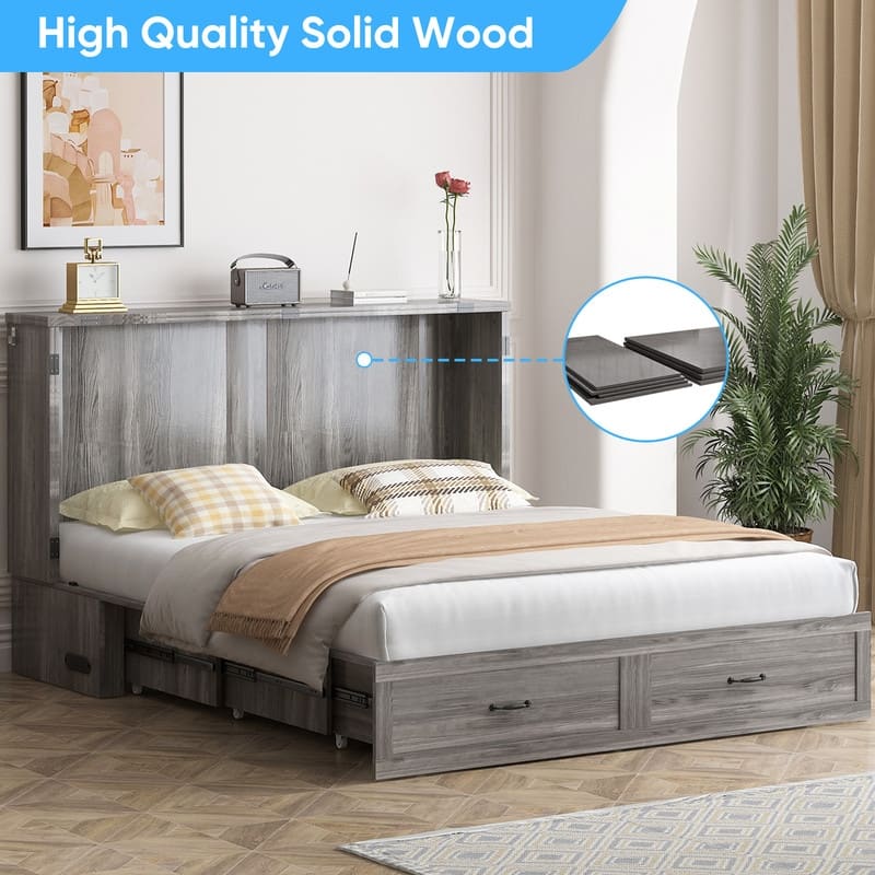 Mixoy Modern Queen Size Murphy Bed with 4.7''Mattress,USB ports,Storage Drawers