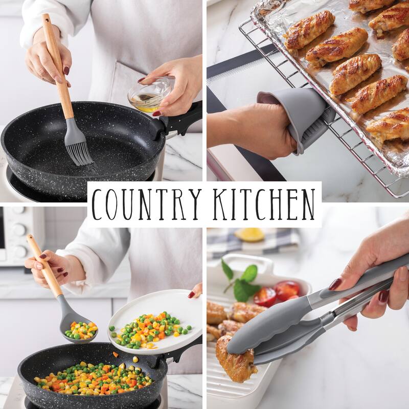Country Kitchen Non Stick Silicone Utensil Set with Rounded Wood Handles for Cooking and Baking, 38 Piece Set