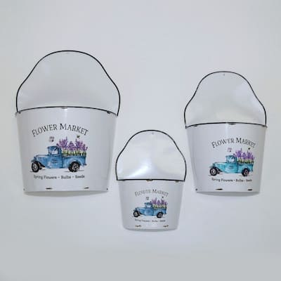 Flower Market Blue Truck On White Wall Planters (Set Of 3)