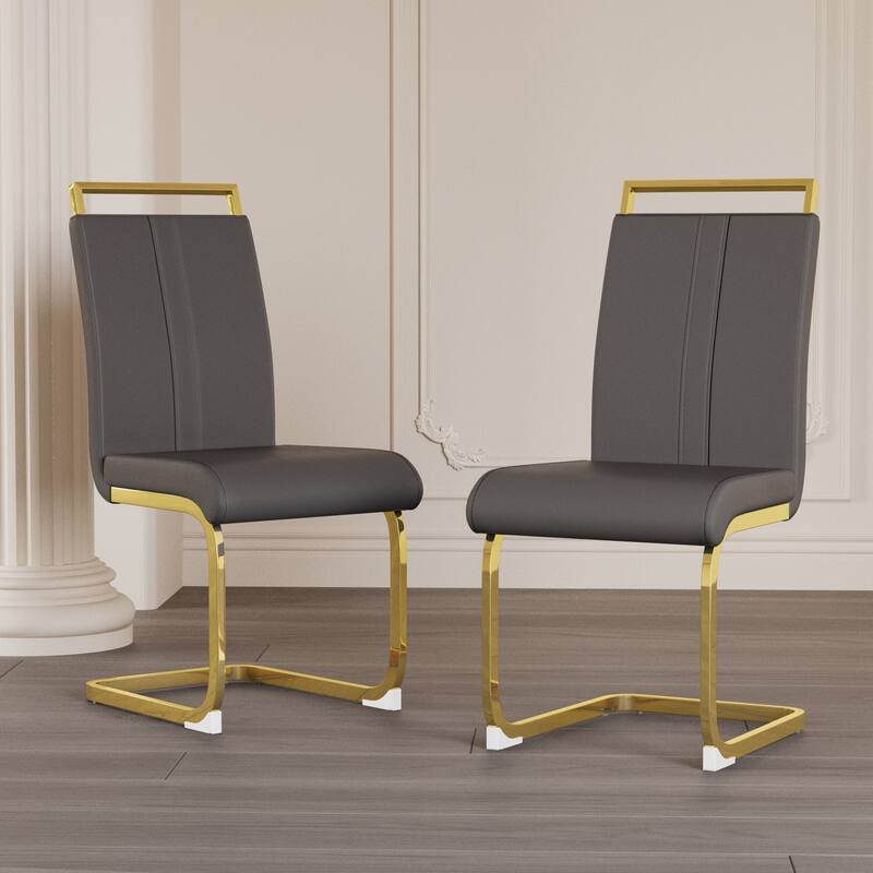 High Back Upholstered Side Chair with C-shaped Tube. Plating Golden Metal Legs (Set of 2) (Grey+PU)