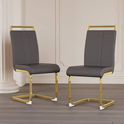 High Back Upholstered Side Chair with C-shaped Tube. Plating Golden Metal Legs (Set of 2) (Grey+PU)