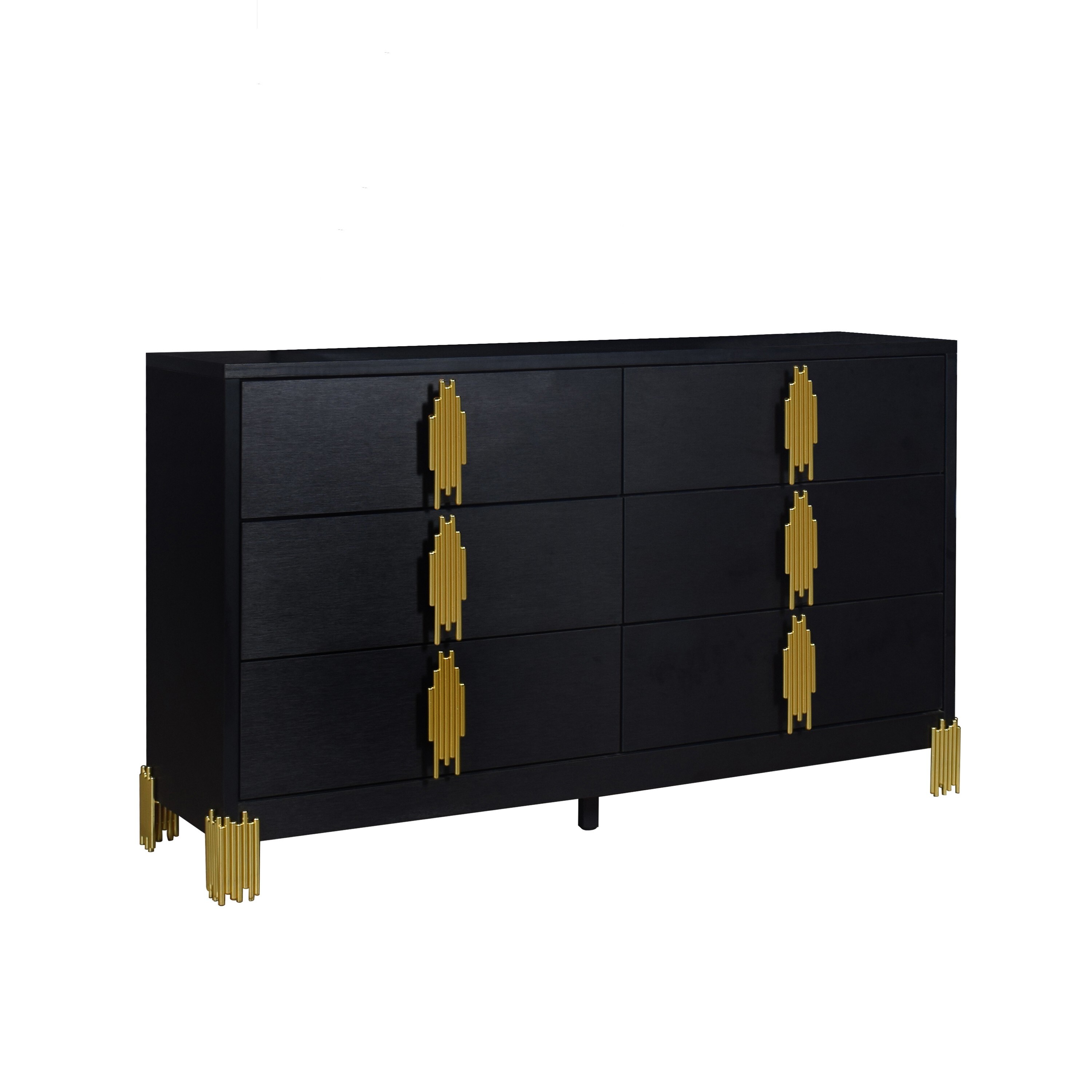 Benjara Theo Wide Dresser, 6 Drawers, Retro Style Gold Handles, Black 59 Inch