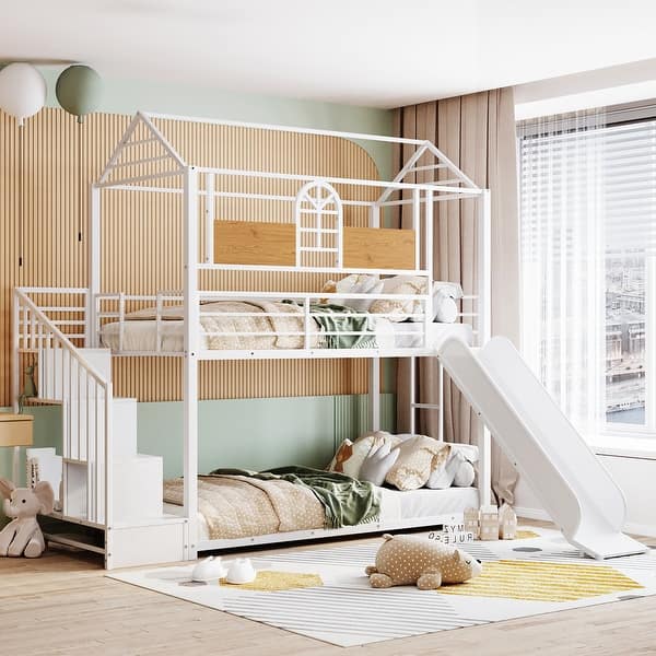 slide 2 of 6, Twin Over Twin Metal Bunk Bed ,Metal Housebed with Slide and Slide and StorageStairs White
