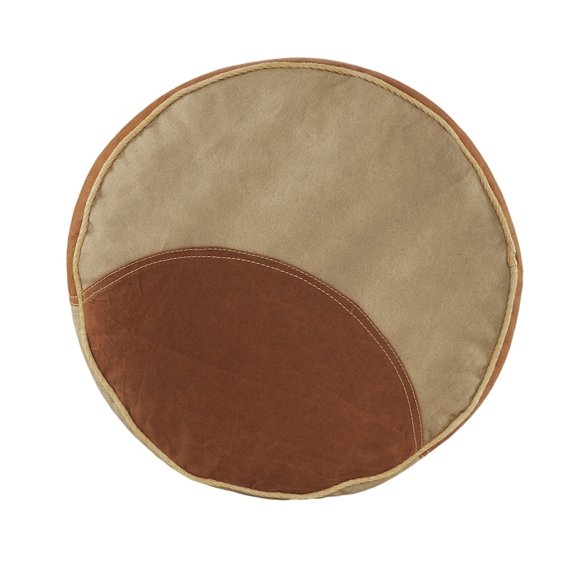 16-inch Tan Cotton Striped Pouf Ottoman for Living Room or Bedroom Decor