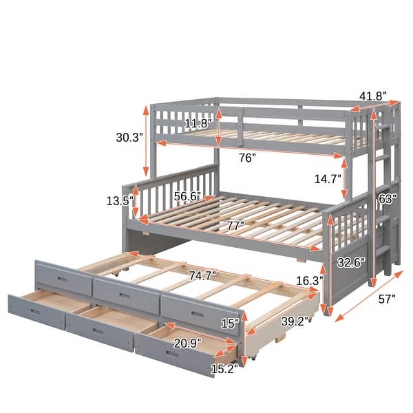 Wooden Twin-Over-Full Bunk Bed with Twin Size Trundle and 3 Drawers, Solid Wood Detachable Bunkbeds Frame, Space-Saving Design