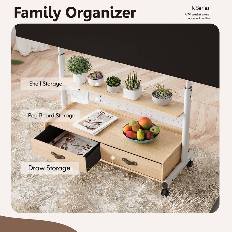 FITUEYES Mobile TV Stand for 70-100 inch Large TVs, Height Adjustable and Multi-functional with Wooden Large Drawer Storage