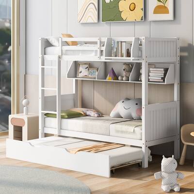 Twin-Over-Twin Bunk Bed with Twin size Trundle , Separable Bunk Bed with Bookshelf for Bedroom