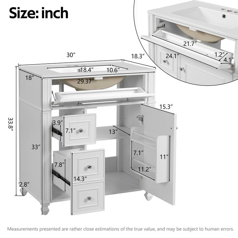 30" Bathroom Vanity with Ceramic Sink, Soft Close Doors and Storage Organizer