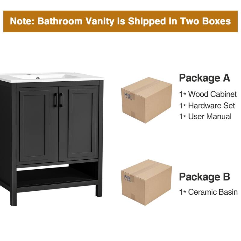 Anmytek 24'' Single Bathroom Vanity Cabinet with Ceramic Sink Combo Bathroom Storage Cabinet With Soft Close Doors