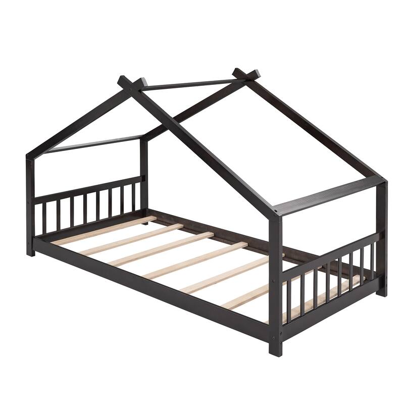 Twin/Full Size House Bed - Solid Wood Playhouse Bed with Roof for Children's Bedrooms, Small Space