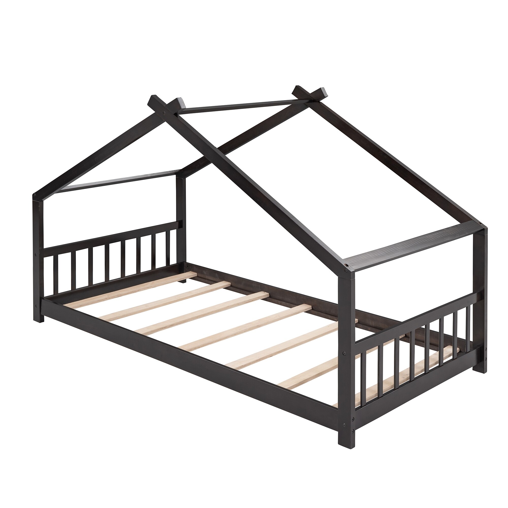 Wooden House Bed Frame with Headboard and Footboard, Cute Montessori Platform Bed with Roof for Kids, Teens, Boys or Girls
