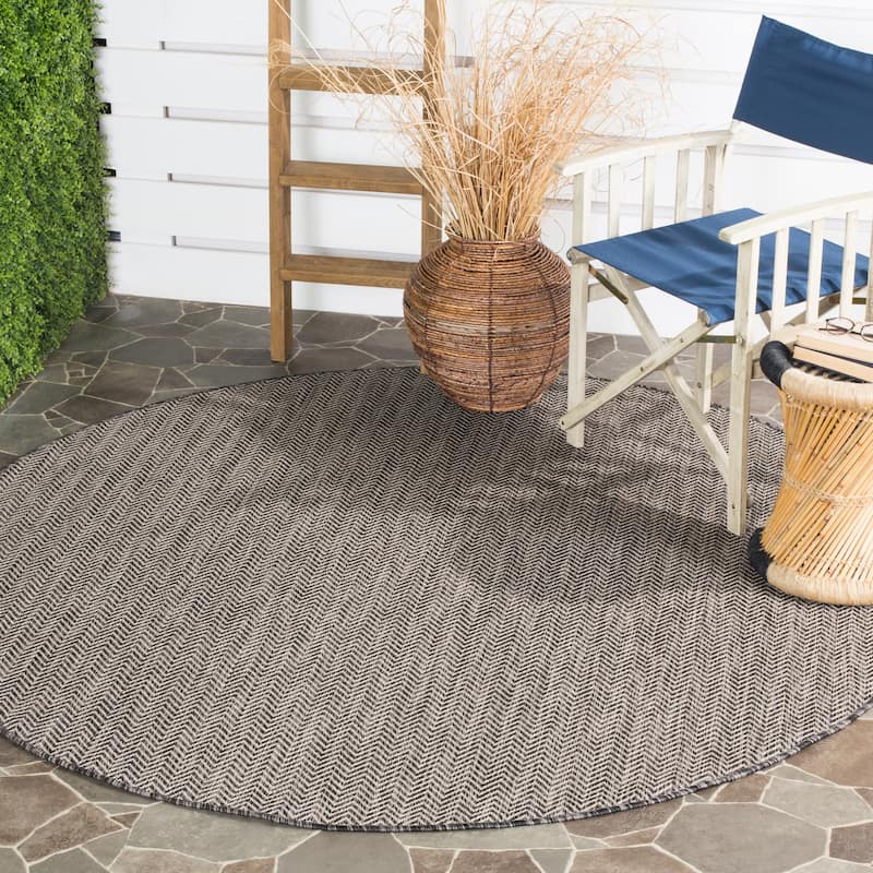 SAFAVIEH Courtyard Carolann Indoor/ Outdoor Waterproof Patio Backyard Rug - 6'7" x 6'7" Round - Black/Beige