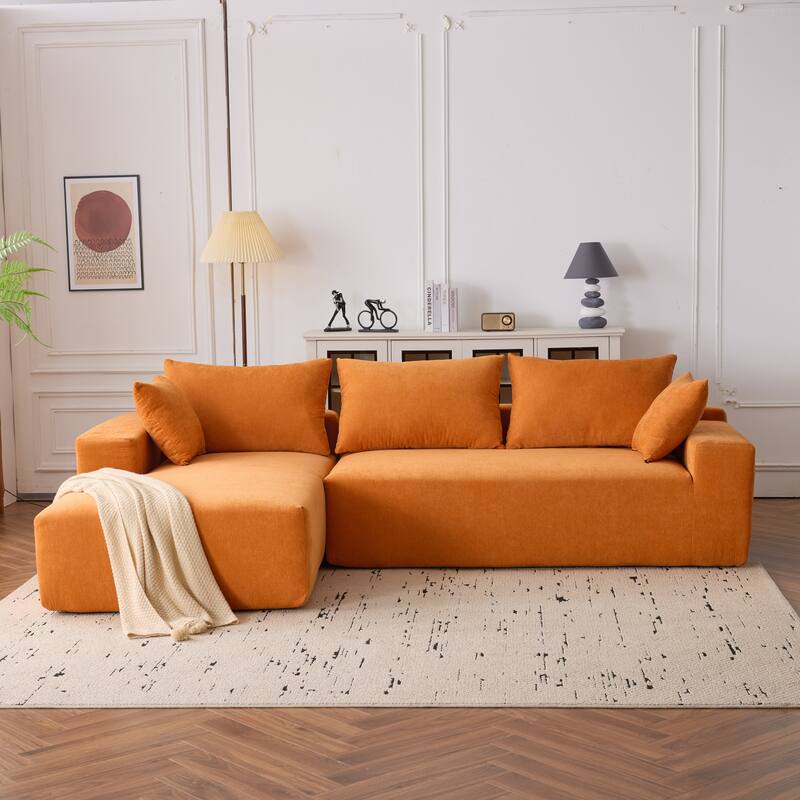 Floor Sleeper Sofa Cloud Upholstered Sectional Sofa L-shape Recliner Couch with Chaise Lounge and Pillows for Living Room - Orange
