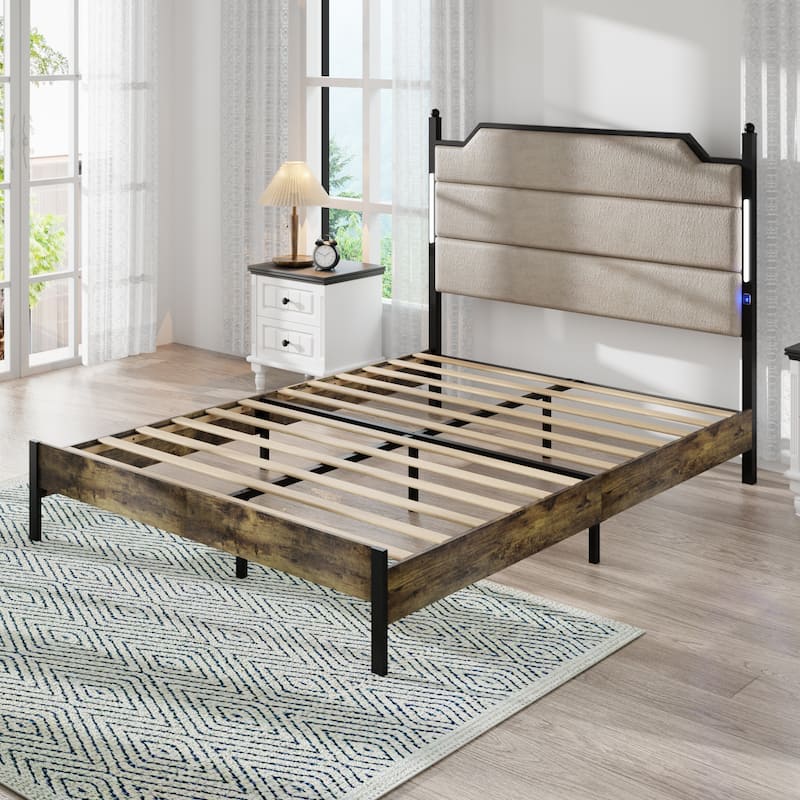 Queen Size Bed Frame with Upholstered Headboard, Charging Station, LED Lights, Wood Slats, Easy Assembly, Industrial Brown
