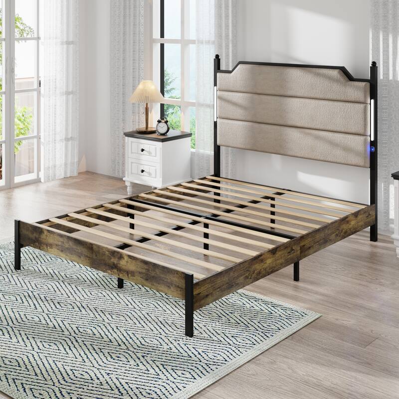 Roomfitters Queen Bed Frame with Upholstered Headboard, Charging Station, Light Bar Headboard, Wood Slats, Brown
