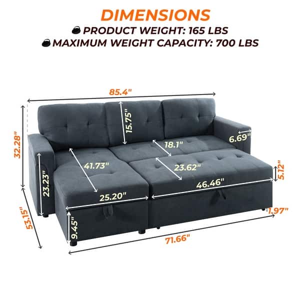 dimension image slide 1 of 4, Reversible Sectional Sleeper Sofa with Storage Chaise & Pull-Out Bed
