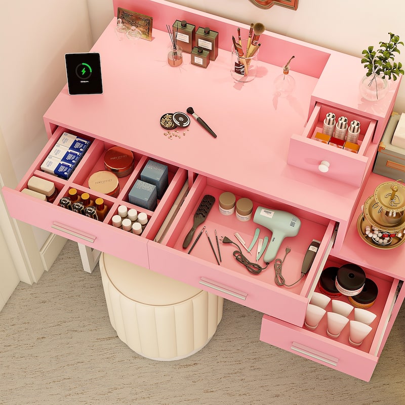 Reversible Makeup Vanity Desk With Charging Station and 4 Wooden Drawers and 1 Cabinet