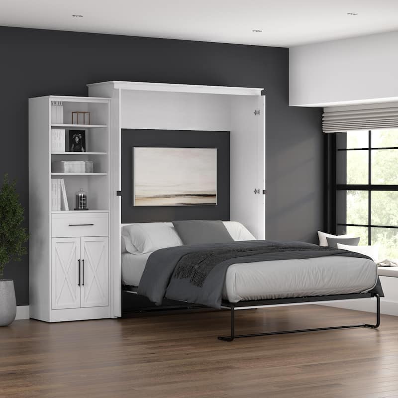 Key West Queen Murphy Bed with Wardrobe (94W) by Bestar - Pure White Oak
