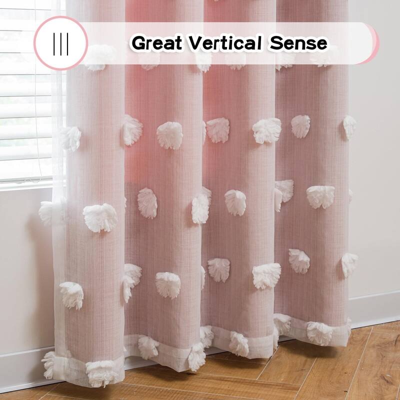 Pink Curtains for Living Room Long Pom Pom White Sheer Curtains