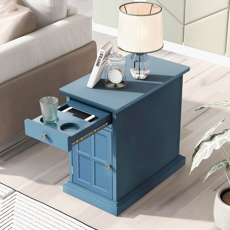 Classic Vintage Livingroom End Table, Side Table with USB Ports, and One Multifunctional Drawer with cup holders - Antique Navy