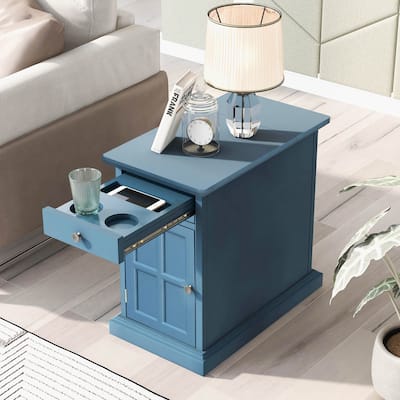 Classic Vintage Livingroom End Table Side Table with USB Ports and One Multifunctional Drawer with cup holders,Antique Navy