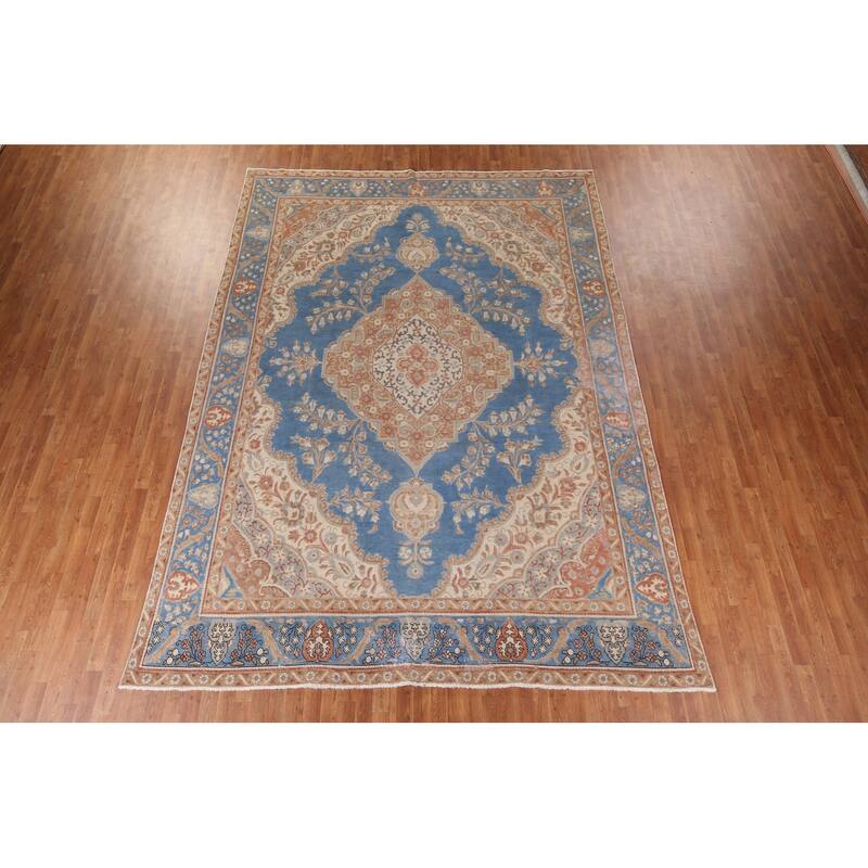 Blue Tabriz Persian Vintage Rug Hand-Knotted Wool Carpet - 9'3" x 12'11"