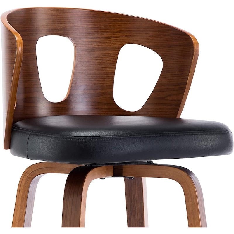Wood and Black Faux Leather Mid-Century Modern Swivel Barstool with Decorative Back 26-Inch Seat Height