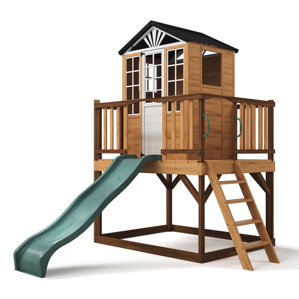 9-in-1 Wooden Playhouse with Slide & Sandbox