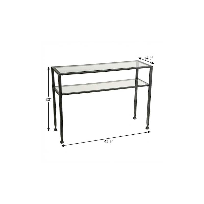 HomeRoots 43" Clear and Black and Silver Glass Distressed Console Table With Storage - 42.50 in. x 30.00 in. x 14.50 in.